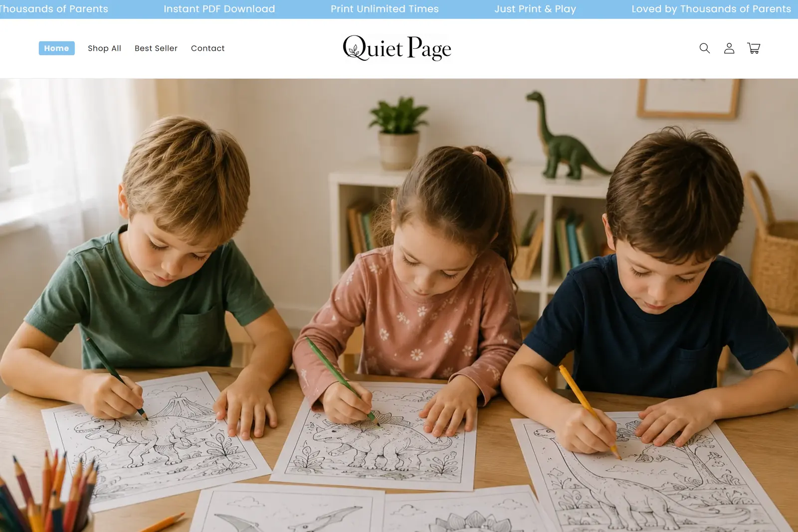 Page d’accueil de QuietPage, cahiers d’activités à imprimer